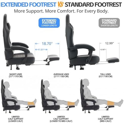 Desk Computer Gaming Chair - Ergonomic Game Office Chair with Extended Footrest and Massage Lumbar Support, Home Gamer Video Game Chairs with Spring Cushion for Adults (Pro Black Leather) - Image 5
