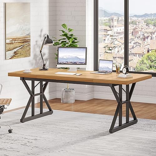 Tribesigns 70.8-Inch Executive Desk, Large Computer Office Desk Workstation, Modern Simple Style Laptop Desk Study Writing Table Business Furniture for Home Office (Light Walnut/Black, 70.8 Inch) - Image 3