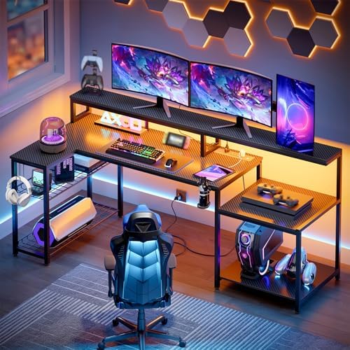 Bestier 71.5 Inch L‑Shaped Gaming Desk with LED & Power Outlets, Black by Bestier