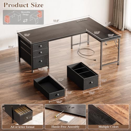 Furologee 55" L Shaped Desk with Power Outlets & USB-C Port, Reversible Corner Computer Desk with File Drawers, Work Study Gaming Table for Home Office, Dorm, Black - Image 3