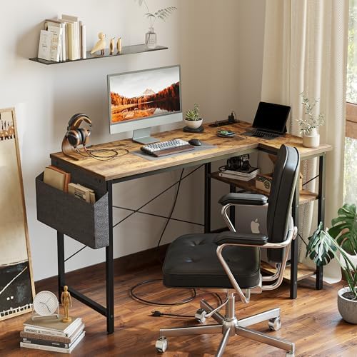 TIQLAB L Shaped Computer Desk with Power Outlets, 55 Inch Small Corner Desk with Reversible Shelves, Gaming Desk Computer Table Study Writing Desk for Home Office Small Space, Rustic Brown - Image 2