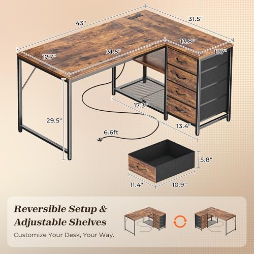 PRAISUN 43.3" Small L Shaped Desk with Power Outlets & 4 Drawers - Image 2