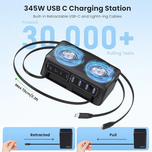345W USB C Charger 10 in 1 Retractable Wall Charger with 2 Cables,GaN 6 USB C Charging Station Phone Charging PD Laptop Charger Adapter for MacBook Pro/Air,DELL,iPhone17/16/15,Galaxy S24,Android etc - Image 2