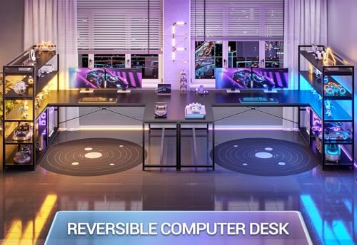 SEDETA L Shaped Gaming Desk, 63'' Reversible Computer Desk with Power Outlet and Storage Shelves, Corner Gaming Desk with LED Lights, Bookshelf for Home Office, Black - Image 3