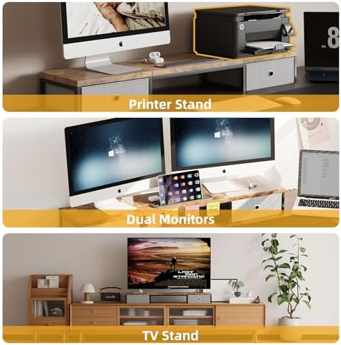 39 Inch Dual Monitor Stand Riser with 2 Drawers - Large Brown Wooden Computer Stand for 2 Monitors, Ergonomic Desk Organizer with Phone Holder, Desktop Storage for Laptop, Office Supplies, Home Office - Image 6