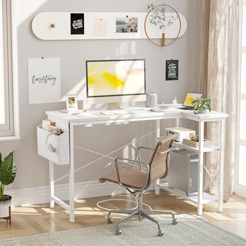 TIQLAB L Shaped Computer Desk with Power Outlets, 47 Inch Small Corner Desk with Reversible Shelves, Gaming Desk Computer Table Study Writing Desk for Home Office Small Space, White - Image 2