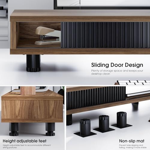 Fenge Dual Monitor Stand with Storage, Desk Shelf with Glass Sliding Door - Image 4