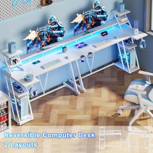 Korfile 55 Inch White Gaming Desk with LED Lights & Power Outlet, Gaming Computer Desk with Storage Shelves, L Shaped Gamer Workstations with Monitor Stand for Bedroom - Image 3