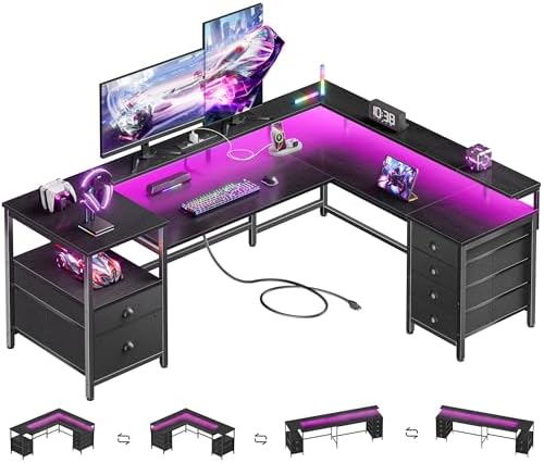 Furologee 66'' L Shaped Gaming Desk with 6 Drawers, LED, Outlets, Black by Furologee
