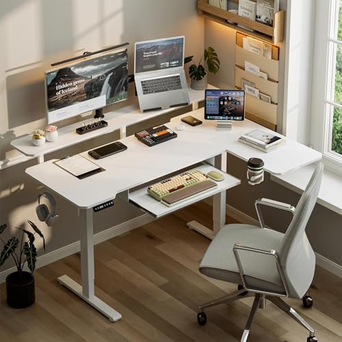 Acrolix 59" L Shaped Standing Desk with Shelves Keyboard Tray,White - Image 2
