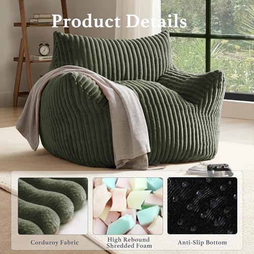 Gericco Giant Plush Bean Bag Chair for Adults with Armrests - Oversized Comfy Green Beanbag Lounge Lazy Floor Sofa Accent Chair for Living Room, Bedroom & Dorm, Cozy Fluffy Single Cloud Mini Couch - Image 3