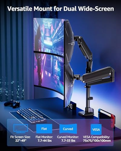 MOUNTUP Dual Monitor Stand Fits 49 45 42 40 39 34 32 Inch Screens, Heavy Duty Dual Monitor Arm Holds 7.7-44 lbs, Vertical Stacked Monitors Mount, Full Motion, Height Adjustable, VESA Mount - Image 2