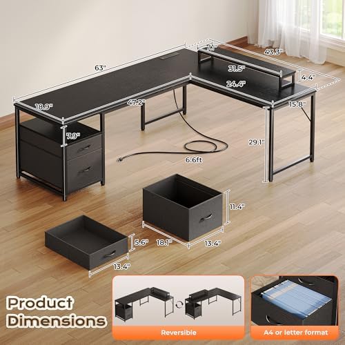 PRAISUN 63 Inch L Shaped Desk with Power Outlets and USB-C Port, Computer Corner Home Office Desk with File Fabric Drawers and Movable Monitor Stand, Larger Storage, Gaming, Writing, Work, Black - Image 2