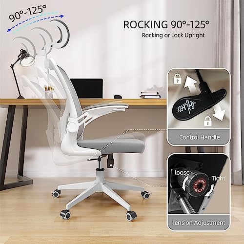 Monhey Office Chairs, Ergonomic Office Chair, Computer Chair with Adjustable Headrest, Lumbar Support, 2D Armrest, Metal Base and Iron Legs, White Frame Grey Mesh Office Chair - Image 3