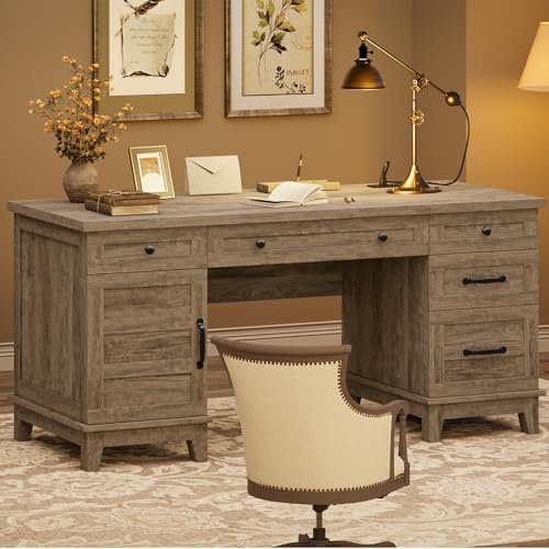 GarveeHome Farmhouse Executive Desk with File Drawers, 60 in Home Office Desk with Charging Station, Wooden Computer Desk with Cabinet Storage for Work Study Writing, Rustic Gray - Image 4