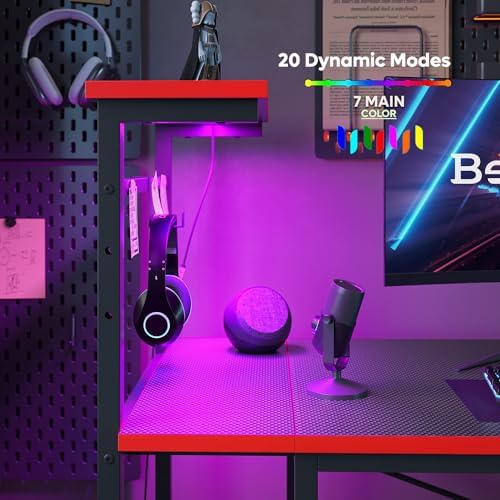 Bestier Gaming Desk with LED Lights, 51.3 Inch Computer Desk with 4 Tiers Reversible Shelves, Gamer Desk with Side Storage Bag, Hooks and Height Adjustable Shelf (Black Carbon Fiber) - Image 5