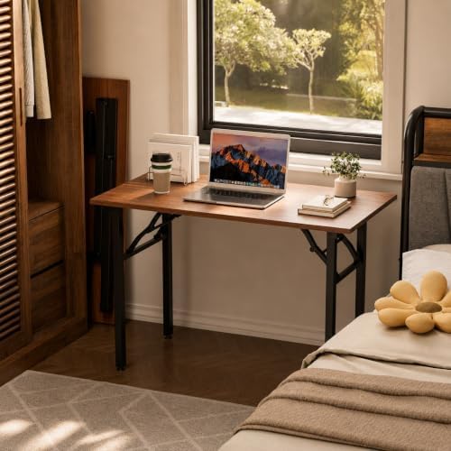 Folding Table Computer Desk - 43.3" No Assembly Folding Desk Design and Foldable Office Desk, Small Desk for Bedroom, Compact Storage Portable Use for Dorm and RV Small Space, Dark Walnut - Image 2