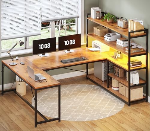 SEDETA L Shaped Desk with Storage Shelves, 63” Reversible U Shaped Office Desk, Gaming Desk with Power Outlet and LED Lights for Home Office, Rustic Brown by SEDETA