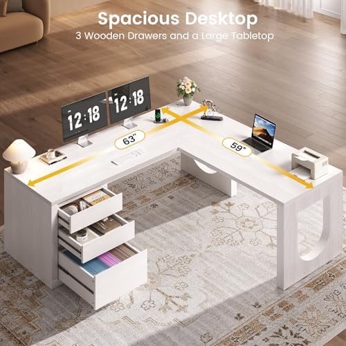 SEDETA 63" L Shaped Desk with 3 Drawers,Modern Executive Office Desk - Image 4