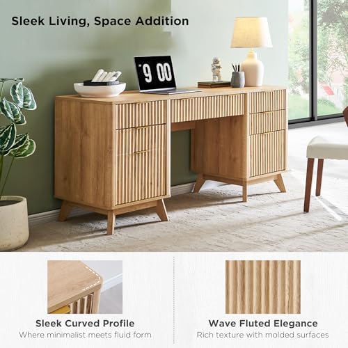 T4TREAM 60" Modern Fluted Executive Desk with Drawers, Natural Oak - Image 3