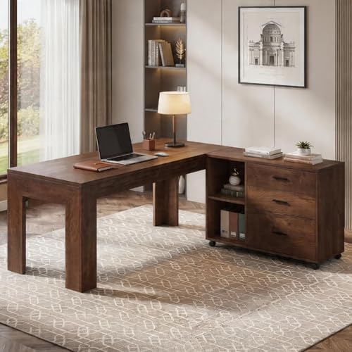 Tribesigns L Shaped Executive Office Desk with Drawers,Walnut - Image 4
