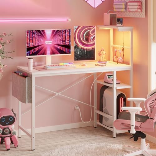Bestier Gaming Desk with Power Outlets, 44 Inch Led Gamer Desk with 4 Tiers Reversible Shelves, PC Gaming Table with Headset Hook & Side Storage Bag for Bedroom (White 3D Carbon Fiber) by Bestier