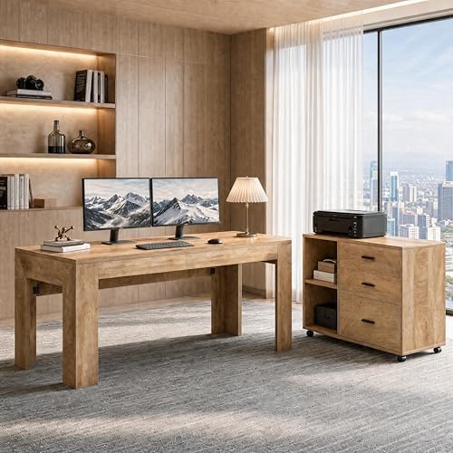Tribesigns L Shaped Executive Office Desk with Drawers, Light Brown - Image 3