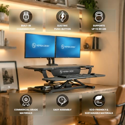 VERSADESK PowerPro 48 Inch Electric Standing Desk Converter – Push-Button Height Adjustable Sit to Stand Desk Riser for Multiple Monitors – Motorized Desktop Workstation with Wide Keyboard Tray, Black - Image 3