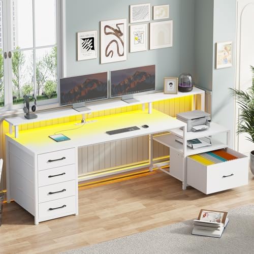 SEDETA Computer Desk with 5 Drawer, Power Outlet, Led Lights, White - Image 3