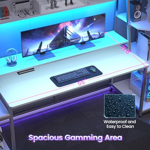 SEDETA 79'' Gaming Desk with LED Lights, Hutch and Storage Shelves, White - Image 4