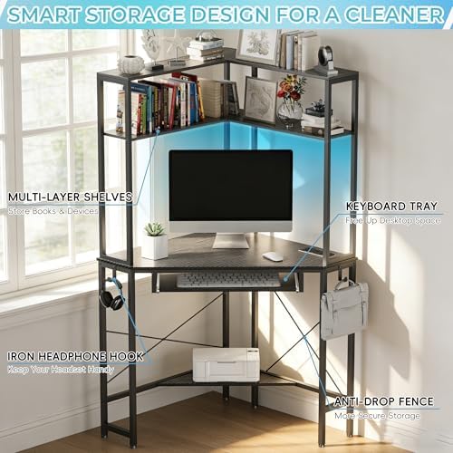 Corner Desk with Hutch and LED Light, Keyboard Tray, Carbon Black - Image 5