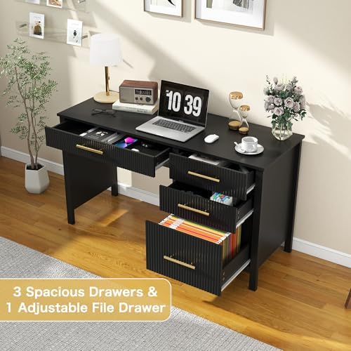 Executive Desk with Drawers: 54" Black Home Office Desks with File Drawer - Image 3