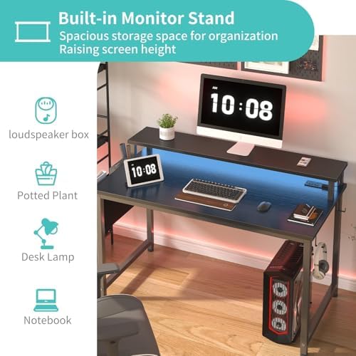 Lufeiya Black Gaming Desk with LED Lights and Power Outlets, 40 Inch Teen Writing Study Table Home Office Desks with Monitor Stand, Computer Desk with Charging Station USB Port, Black - Image 5
