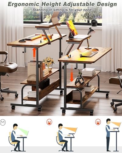Height Adjustable Standing Desk with Power Outlets and LED Lights - 39" Manual Stand Up Desk with Monitor Stand and Storage Shelves Small Mobile Rolling Computer Desk Portable Laptop Table, Rustic - Image 4