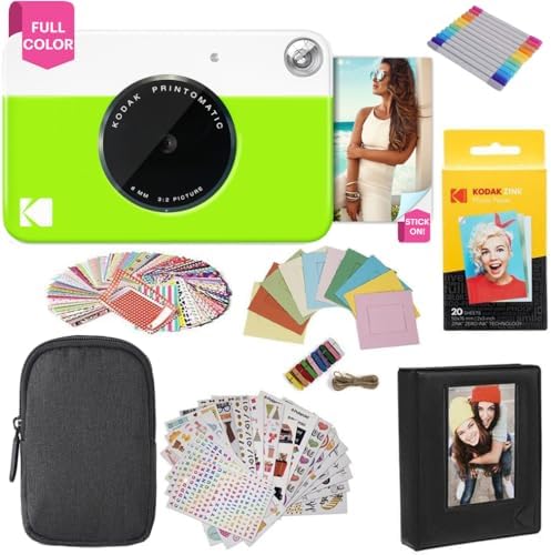 KODAK Printomatic Full-Color Instant Print Digital Camera Colorful Photos On Zink 2x3" Sticky-Back Photo Paper 5MP Gift Bundle: Case + Zink 2x3" 20pk + Album + Stickers + Frames + Markers - Green by Unknown