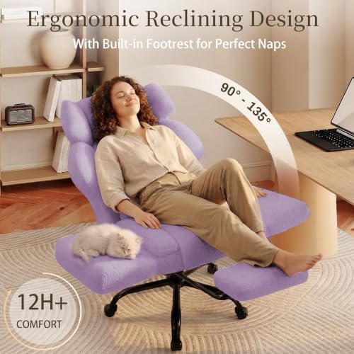 Office Chair with Flip Armrests,Comfy Criss Cross Chair for Pets Sitting,Big and Tall Office Chair with Foot Rest,Extra Wide Seat & Lumbar Pillow,Ergonomic Computer Gaming Chair,Teddy Fleece,Purple - Image 6