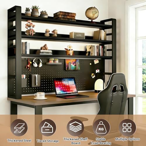 2/3/4 Tier Desk Hutch, Freestanding Desktop Bookshelf, Metal Desk Shelf with Pegboard, Desk Shelves for Top, for Dorm Office and Home(Black+Black Walnut,21 * 9 * 25in) - Image 3