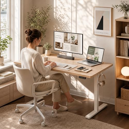 Grandder 55x32 Large Electric Standing Desk, Height Adjustable Computer Desk with 2 Memory Presets, 31.5" Deep Desktop Sit Stand Desk Home Office Desk Workstation Table with Hooks, Maple - Image 2