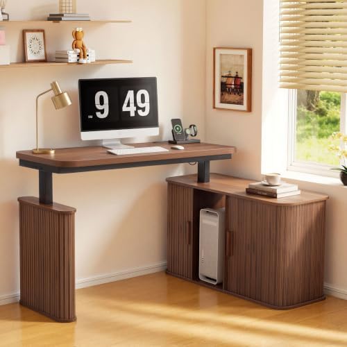 47" L Shaped Electric Wood Standing Desk with Storage by HenstatechWarmFurniture