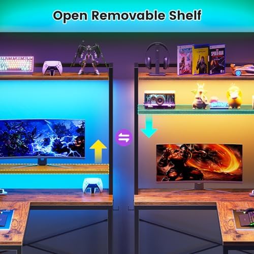 SEDETA L Shaped Desk with Hutch, 45.3” Reversible Home Office Desk, L Shaped Gaming Desk with LED Lights, Power Outlet, Storage Shelves and Hooks for Small Space, Rustic Brown - Image 6
