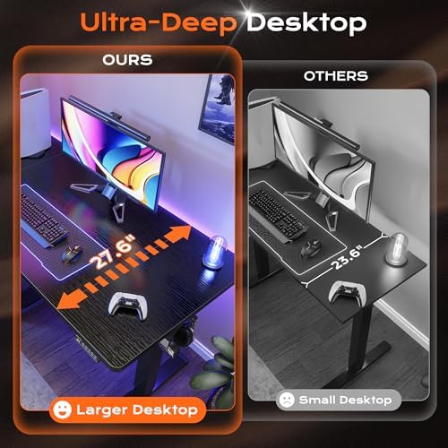 Huuger 55 x 28 Large Electric Standing Desk, Height Adjustable Computer Desk, 27.6" Deep Desktop, Stand up Gaming Office Table with 2 Hooks, 3 Preset Heights, for Home Office, Black - Image 4