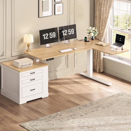 SEDETA Farmhouse L Shaped Electric Standing Desk, 70.9" x 39.4" Height Adjustable Office Executive Desk with 3 Drawers, Standing Computer Desks with Power Outlet for Home Office, Oak by SEDETA