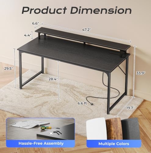 PRAISUN 48 inch Gaming Desk, LED & Power Outlets, Monitor Stand, Black - Image 3