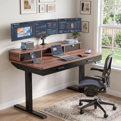 HUANUO 55 x 30 inch Electric Standing Desk with 2 Wood Drawers, Adjustable Height Sit Stand Desk for Home Office, Ergonomic Stand up Desk with 4 Memory Presets, 176 lbs Capacity, Walnut Top - Image 2