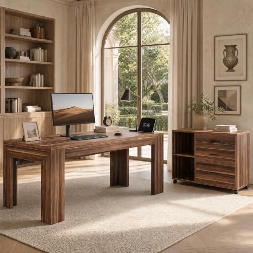 Tribesigns L Shaped Executive Office Desk with Drawers, Light Walnut by Tribesigns