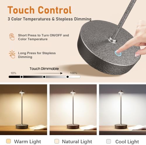 Cordless Rechargeable Led Table Lamp Battery Operated Light Charcoal Gray 2 - Image 2