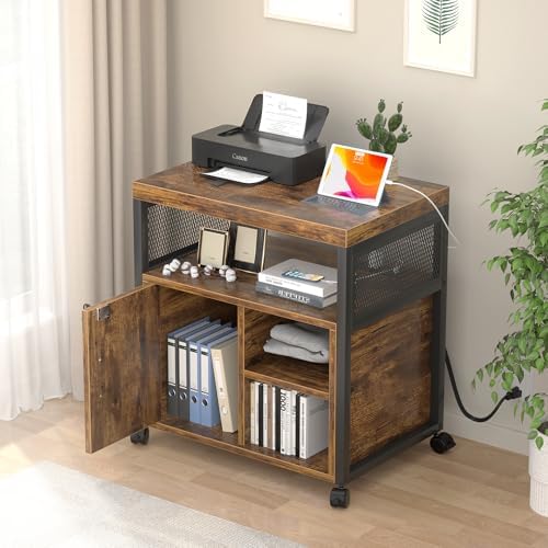 Unikito Rolling File Cabinet, Lateral Filing Cabinet on Wheels Mobile Office Printer Stand with Door and Open Storage Shelf for A4, Letter Size and Hanging File Folders, Lockable, Rustic Brown - Image 2