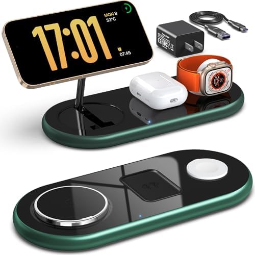 3 in 1 Charging Station for Apple Devices, Faster Mag-Safe Charger Stand, Magnetic Wireless Charger Station for iPhone 17 16 15 14 13 12 Pro Max Plus, Apple Watch iwacth & AirPods, (Alpine Green) by okFlyman