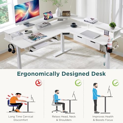 RedLemon 60 Inches L Shaped Electric Standing Desk 2 Tier, Antique White - Image 4