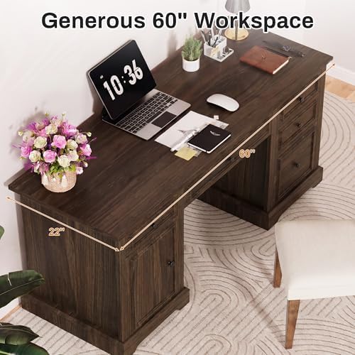 Vipbear 60" Farmhouse Executive Office Desk with Drawers and File Cabinet, Embossed Texture Wood Home Office Desk, Rustic Computer Desk, Workspace for Work Study Writing, Brown - Image 4